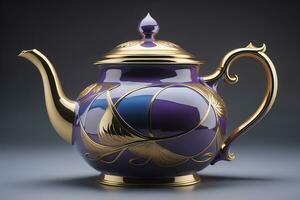 A ceramic teapot on a colid color background. ai generative photo