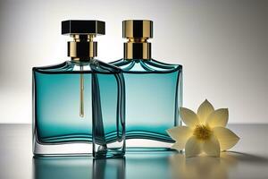 Creative and brandless Perfume bottle and flower on the wooden table, closeup. ai generative photo