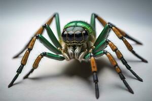 jumping spider closeup on solid color background, copyspace. ai generative photo