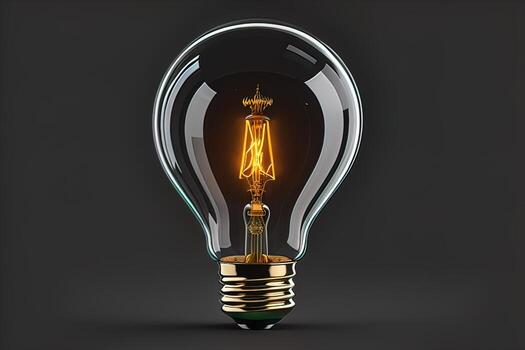 Glowing glass light bulb on dark background. ai generative photo