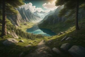 Beautiful fantasy landscape with a river in the mountains. ai generative photo