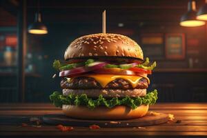 Big tasty hamburger on wooden table. ai generative photo