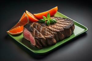 Raw beef sirloin steak with ingredients for cooking on wooden background. ai generative photo