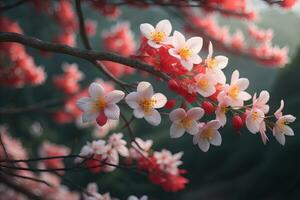 Cereza florecer sakura flor en azul cielo fondo, ai generativo foto