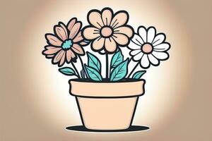 Illustration of a flowerpot with pink and blue flowers on a gray background. ai generative photo