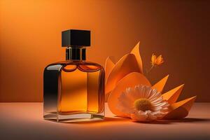 Creative and brandless Perfume bottle and flower on the wooden table, closeup. ai generative photo