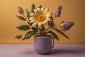 Flowers in a pot on a solid color background. ai generative photo