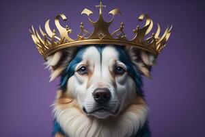 Portrait of a cute dog in a golden crown on a solid color background. ai generative photo