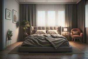 Modern bedroom interior design with gray walls, wooden floor, comfortable king size bed with two pillows. ai generative photo