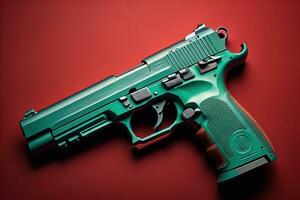 Semi-automatic handgun on a solid color background. Close-up. ai generative photo