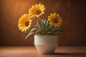 Flowers in a pot on a solid color background. ai generative photo