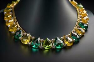 necklace on a black background with a lot of jewelry precious stones. ai generative photo