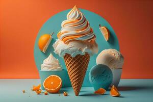 Ice cream in waffle cone on blue background, top view, flat lay. ai generative photo