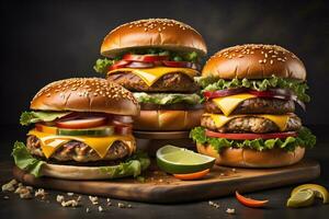 Hamburgers with french fries on wooden table, closeup. ai generative photo