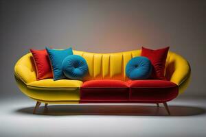 A creative, colourful, and stylish sofa in the interior, AI generated photo