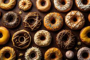 Variety of donuts on a solid color background. Top view. ai generative photo