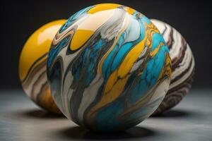 Colorful marble ball on a solid colour background. Close-up. ai generative photo