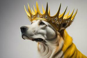 Portrait of a cute dog in a golden crown on a solid color background. ai generative photo