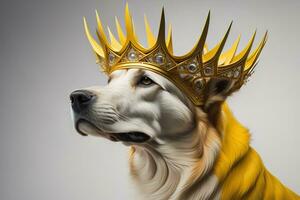 retrato de un linda perro en un dorado corona en un sólido color antecedentes. ai generativo foto