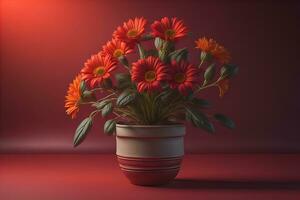 Flowers in a pot on a solid color background. ai generative photo