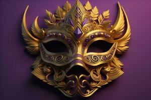 Venetian carnival mask with golden ornament on a solid color background. ai generative photo