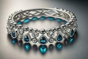 Silver necklace on a solid color background in close-up. ai generative photo