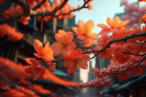 Cereza florecer sakura flor en azul cielo fondo, ai generativo foto