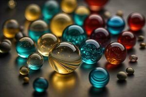 Colorful glass marbles on a the table. Selective focus. ai generative photo