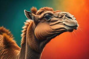 Camel head on solid color background, close up. Vintage style. ai generative photo