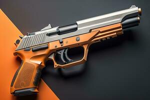 Semi-automatic handgun on a solid color background. Close-up. ai generative photo