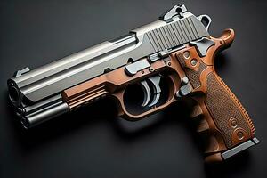Semi-automatic handgun on a solid color background. Close-up. ai generative photo