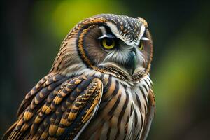 Owl with yellow eyes on a solid background. ai generative photo