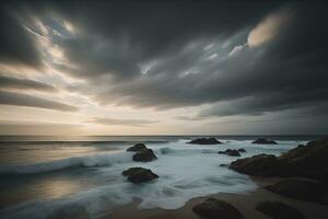 Beautiful seascape with stormy sky. Long exposure shot. ai generative photo