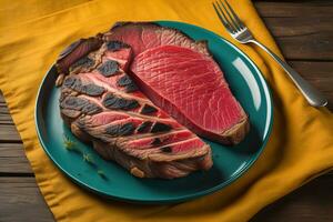 Raw beef sirloin steak with ingredients for cooking on wooden background. ai generative photo