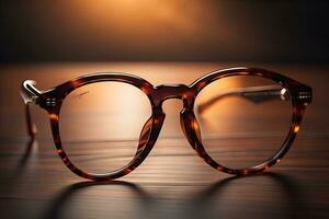 Stylish glasses on wooden table. Fashionable eyeglasses. ai generative photo