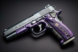Semi-automatic handgun on a solid color background. Close-up. ai generative photo