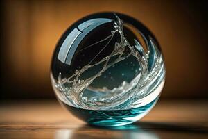 Transparent crystal ball on a wooden table. ai generative photo