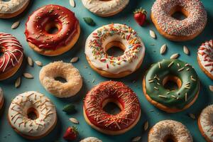 Variety of donuts on a solid color background. Top view. ai generative photo