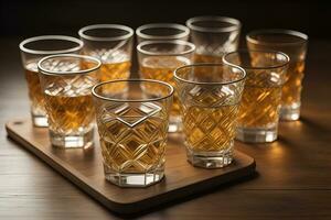 Glasses of whiskey on a wooden table in a pub or restaurant. ai generative photo