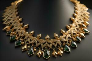 Gold necklace on a mannequin on a black background. ai generative photo