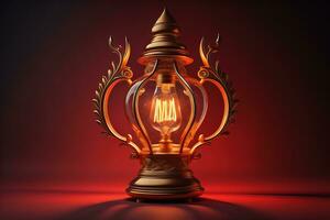 Lantern on a wooden table and a dark background. ai generative photo