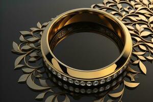 Wedding ring with diamonds on a solid color background. Jewelry. ai generative photo