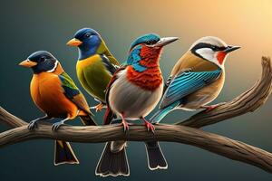 Vector illustration of a group of colorful birds sitting on a branch. ai generative photo