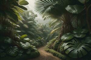 A pathway in tropical rainforest with palm trees and path in the mist. ai generative photo