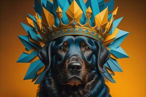 retrato de un linda perro en un dorado corona en un sólido color antecedentes. ai generativo foto