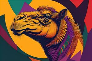 Camel head on solid color background, close up. Vintage style. ai generative photo