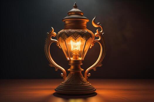 Lantern on a wooden table and a dark background. ai generative photo