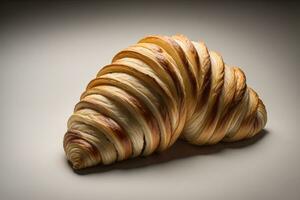 Freshly baked croissants on a wooden table, close up. ai generative photo