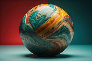 Colorful marble ball on a solid colour background. Close-up. ai generative photo