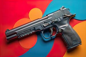 Semi-automatic handgun on a solid color background. Close-up. ai generative photo